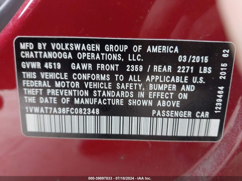 2015 Volkswagen Passat S VIN: 1VWAT7A36FC082348 Lot: 39897833