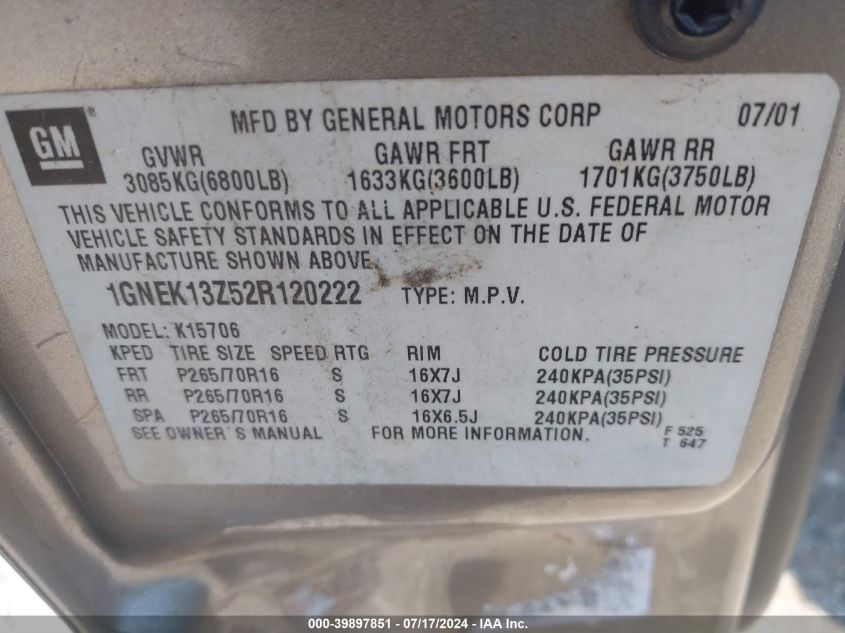 2002 Chevrolet Tahoe Ls VIN: 1GNEK13Z52R120222 Lot: 39897851