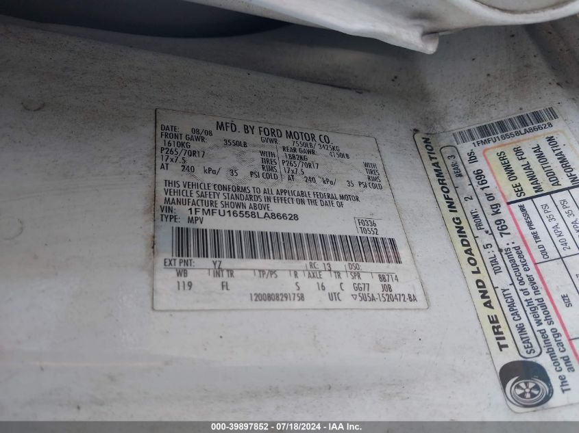 2008 Ford Expedition Xlt VIN: 1FMFU16558LA86628 Lot: 39897852