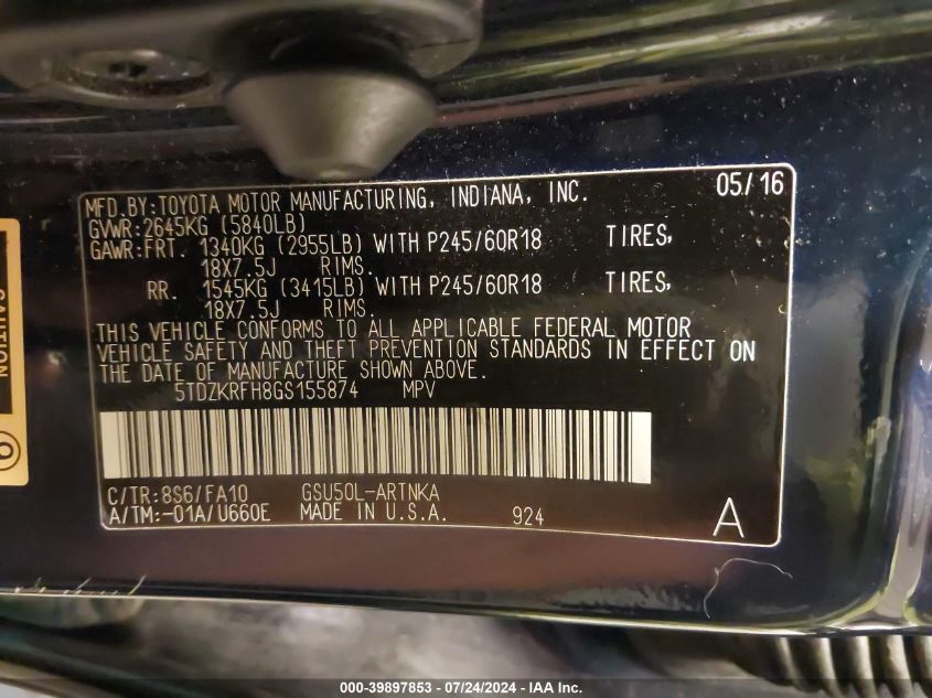 2016 Toyota Highlander Le Plus V6 VIN: 5TDZKRFH8GS155874 Lot: 39897853