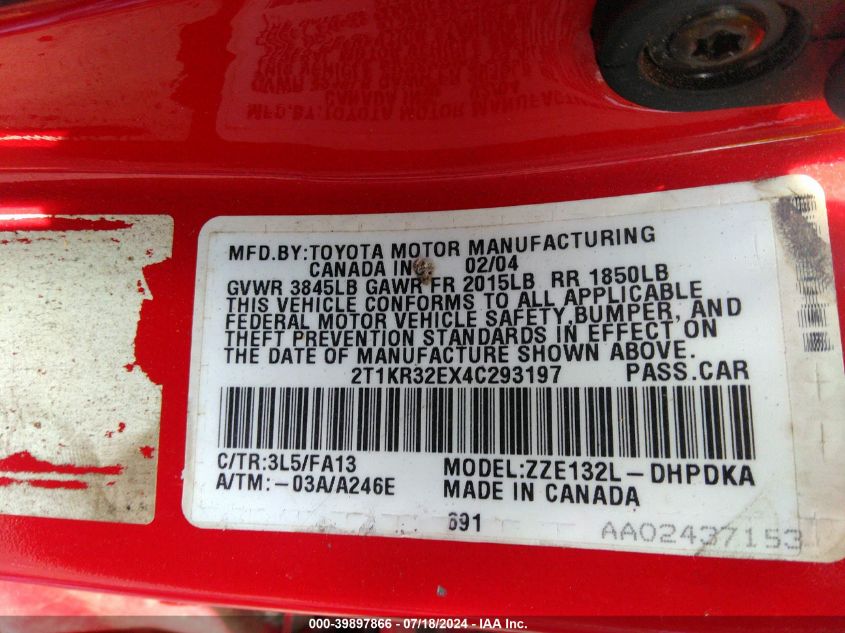 2004 Toyota Matrix Standard VIN: 2T1KR32EX4C293197 Lot: 39897866