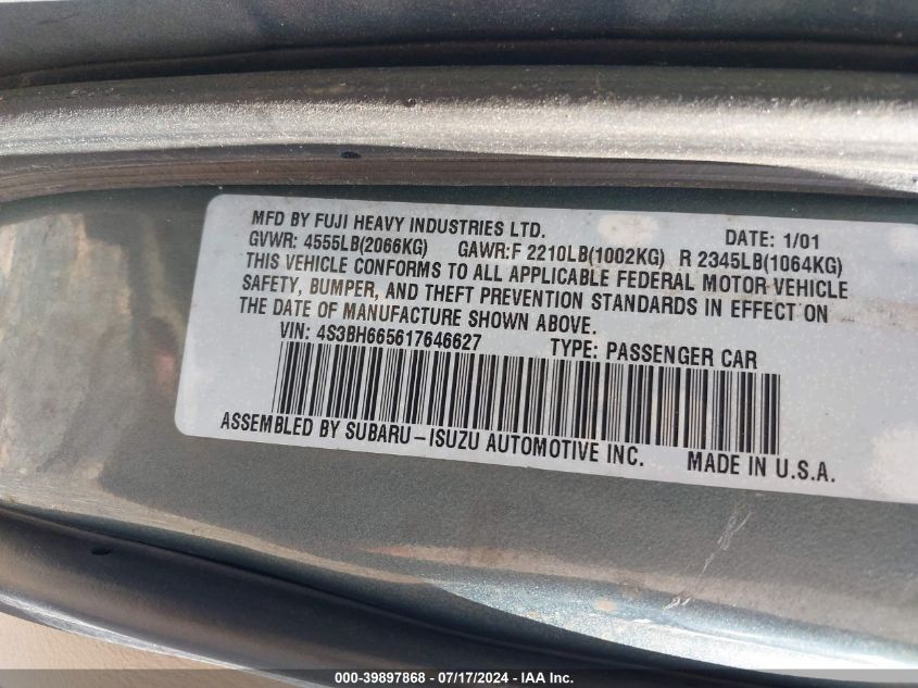 2001 Subaru Outback VIN: 4S3BH665617646627 Lot: 39897868