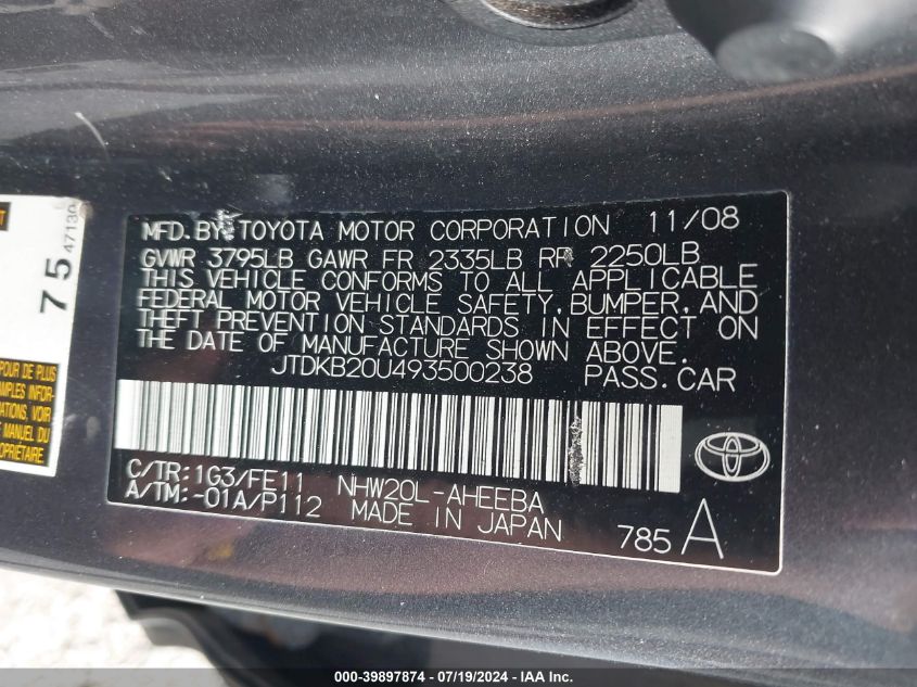 2009 Toyota Prius VIN: JTDKB20U493500238 Lot: 39897874
