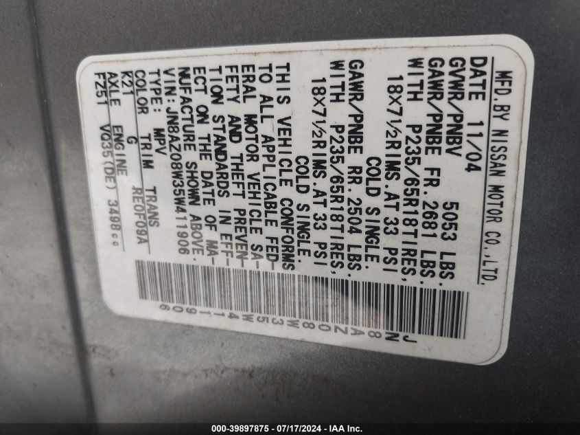 2005 Nissan Murano Sl VIN: JN8AZ08W35W411906 Lot: 39897875