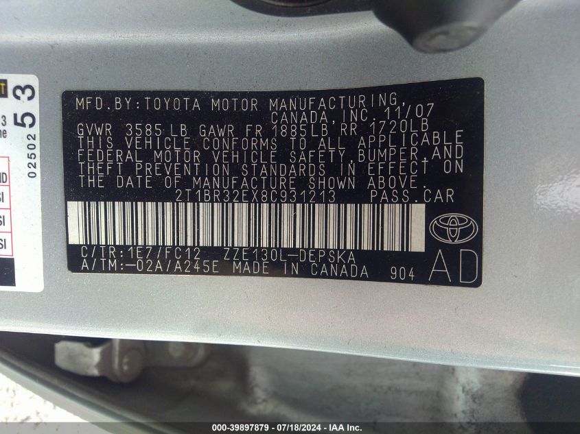 2008 Toyota Corolla Ce/Le/S VIN: 2T1BR32EX8C931213 Lot: 39897879