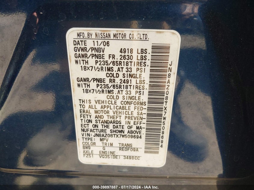 2007 Nissan Murano Sl VIN: JN8AZ08TX7W509694 Lot: 39897887