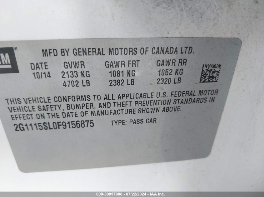 2015 Chevrolet Impala 1Lt VIN: 2G1115SL0F9156875 Lot: 39897888