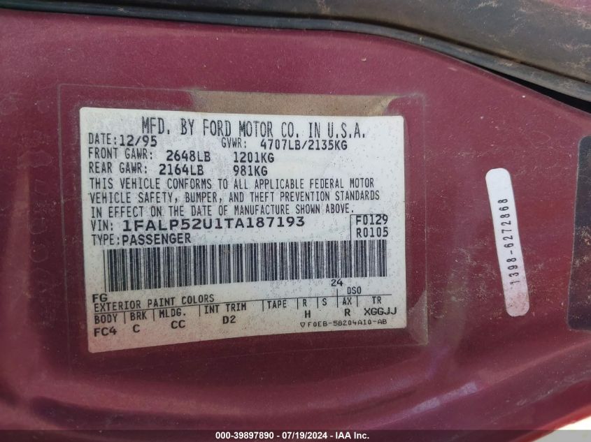 1996 Ford Taurus Gl VIN: 1FALP52U1TA187193 Lot: 39897890