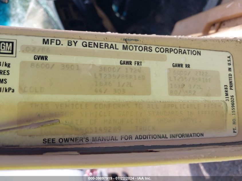 1986 Chevrolet C20 VIN: 1GCGC23M5GS149289 Lot: 39897919