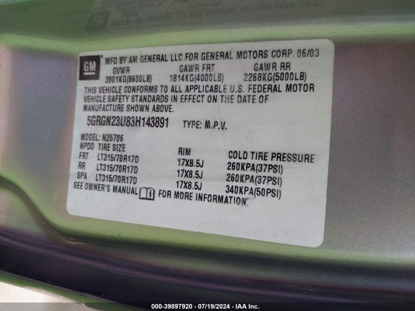 2003 Hummer H2 VIN: 5GRGN23U83H143891 Lot: 39897920