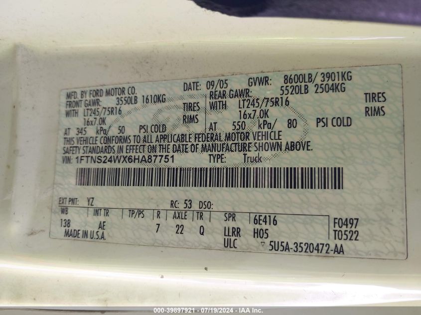 2006 Ford Econoline E250 Van VIN: 1FTNS24WX6HA87751 Lot: 39897921