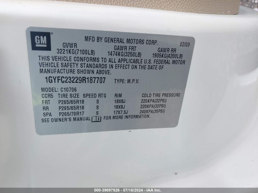 1GYFC23229R187707 2009 Cadillac Escalade Standard