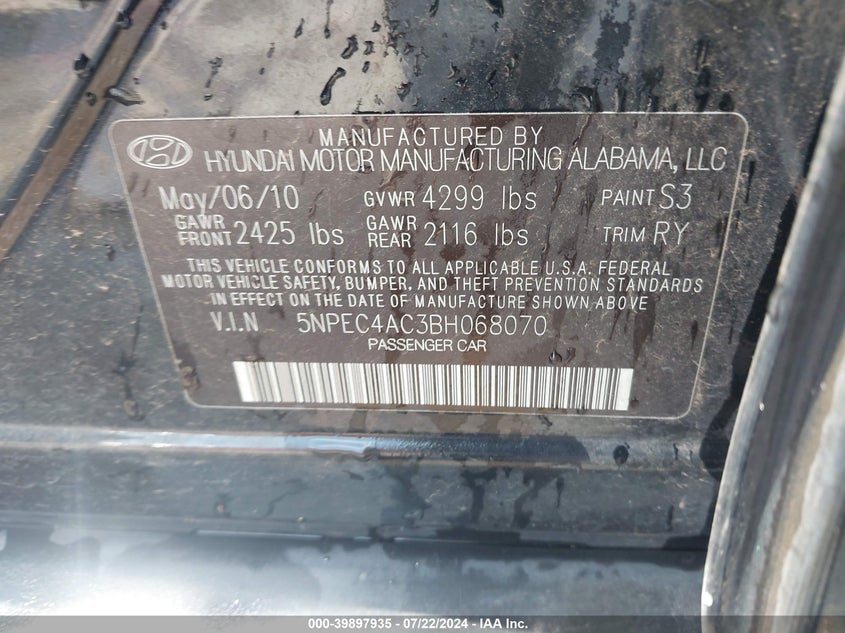 2011 Hyundai Sonata Se VIN: 5NPEC4AC3BH068070 Lot: 39897935