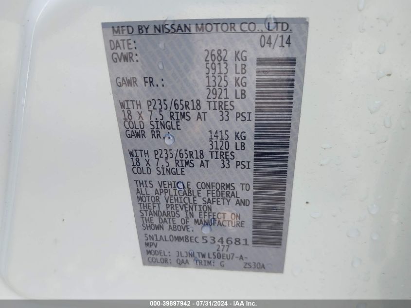 2014 Infiniti Qx60 VIN: 5N1AL0MM8EC534681 Lot: 39897942