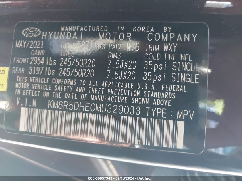 2021 Hyundai Palisade Limited VIN: KM8R5DHE0MU329033 Lot: 39897943