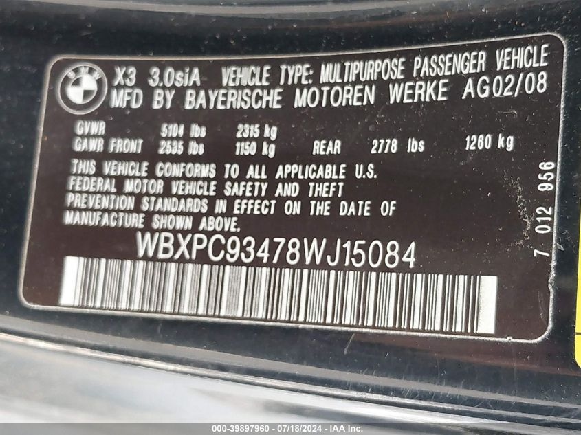 2008 BMW X3 3.0Si VIN: WBXPC93478WJ15084 Lot: 39897960