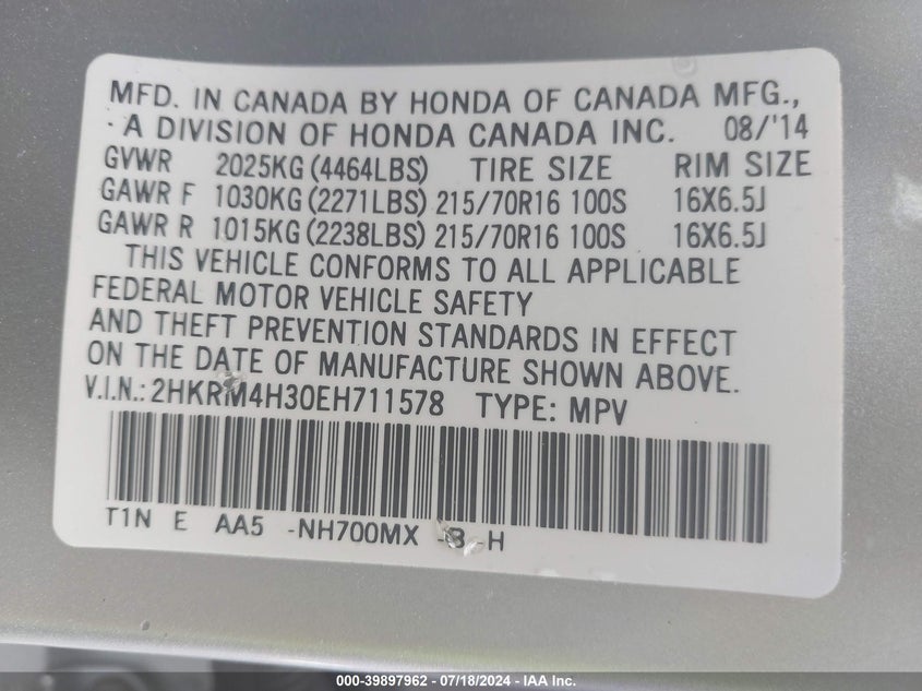 2014 Honda Cr-V Lx VIN: 2HKRM4H30EH711578 Lot: 39897962
