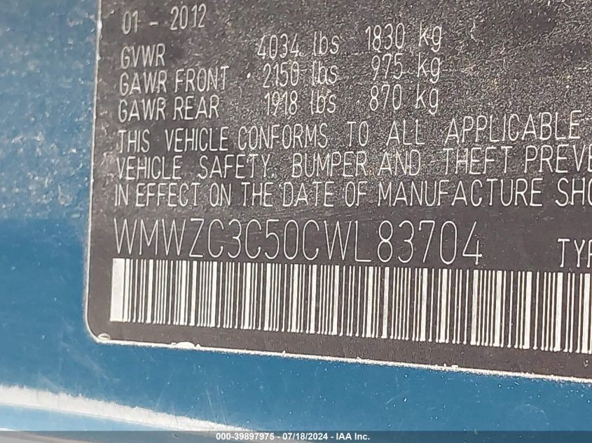 2012 Mini Cooper S Countryman VIN: WMWZC3C50CWL83704 Lot: 39897975