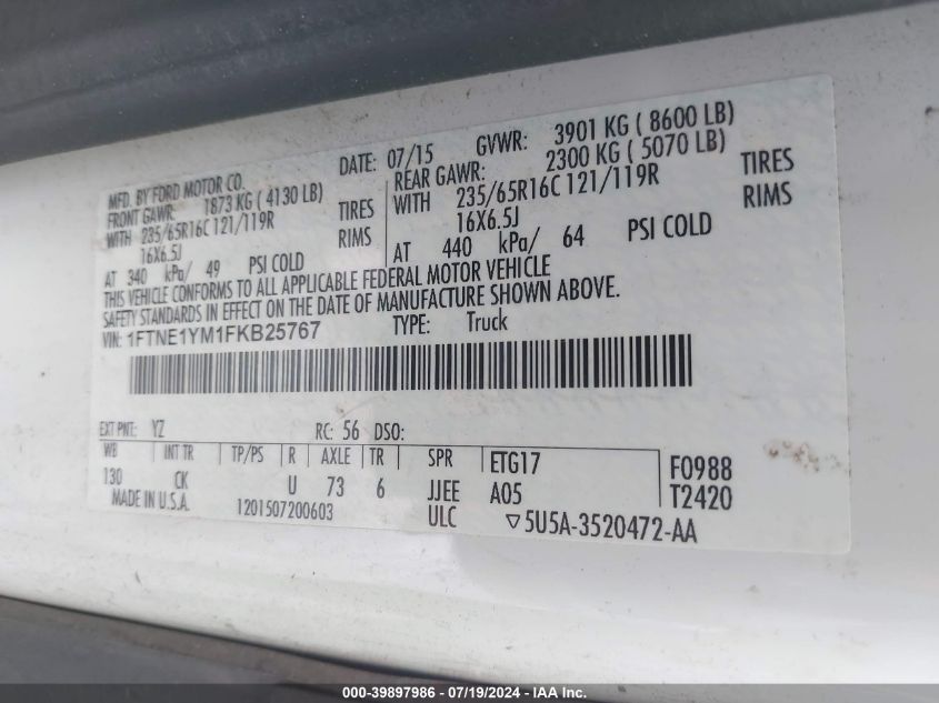 2015 Ford Transit-150 VIN: 1FTNE1YM1FKB25767 Lot: 39897986