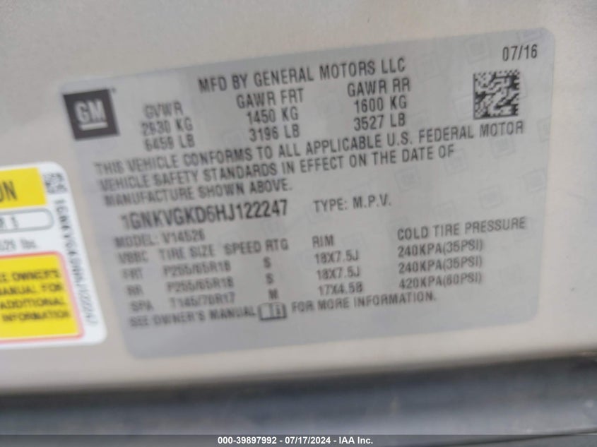 2017 CHEVROLET TRAVERSE 1LT - 1GNKVGKD6HJ122247