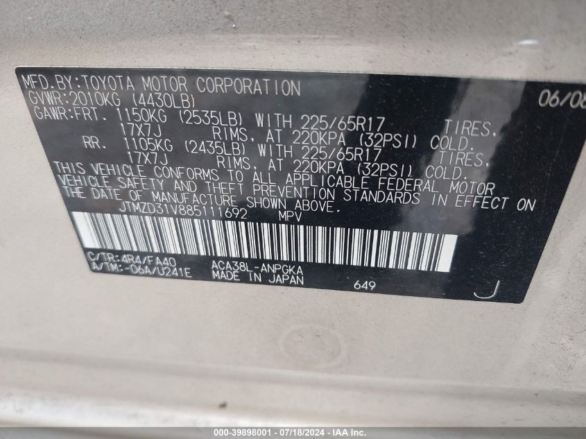 2008 Toyota Rav4 Limited VIN: JTMZD31V885111692 Lot: 39898001