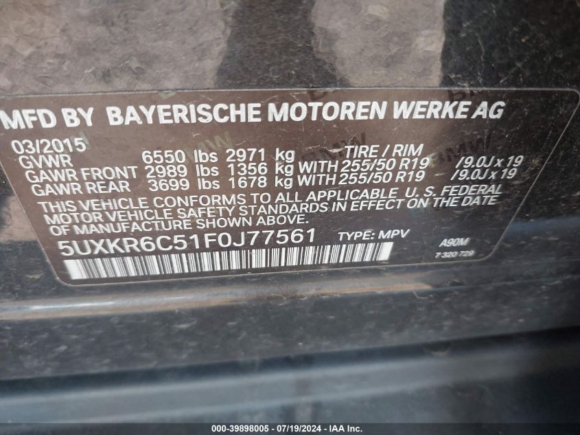 2015 BMW X5 xDrive50I VIN: 5UXKR6C51F0J77561 Lot: 39898005