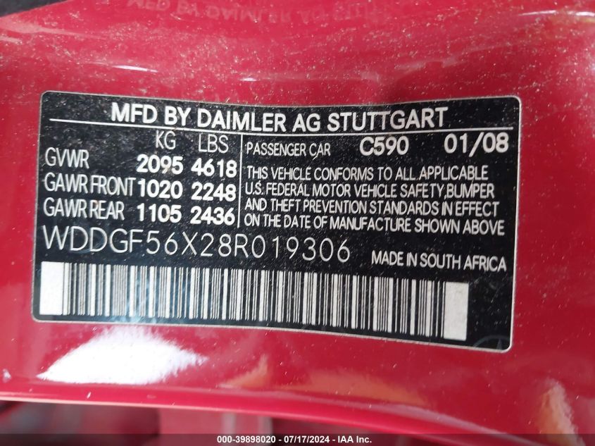 2008 Mercedes-Benz C 350 Sport VIN: WDDGF56X28R019306 Lot: 39898020