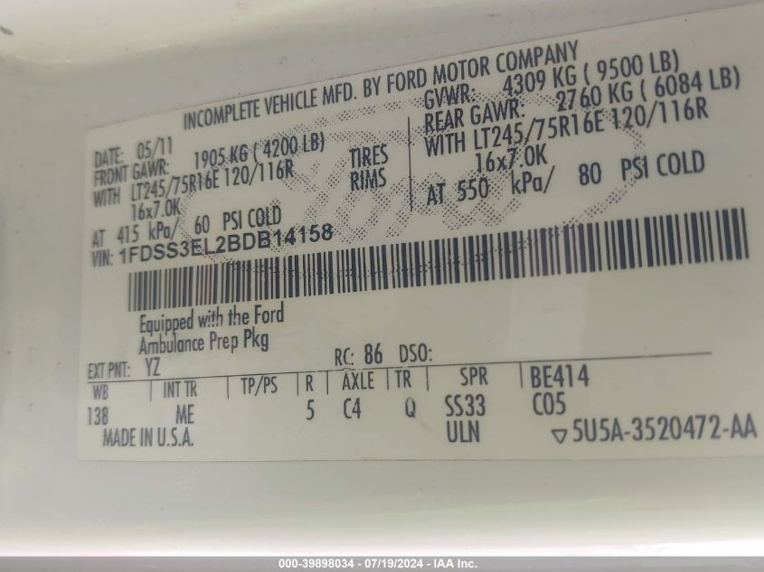 2011 Ford Econoline E350 Super Duty Van VIN: 1FDSS3EL2BDB14158 Lot: 39898034