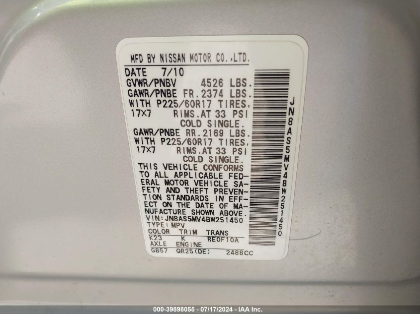 2011 Nissan Rogue Sv VIN: JN8AS5MV4BW251450 Lot: 39898055