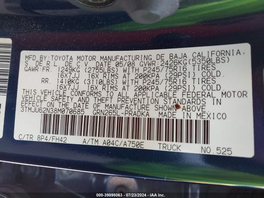 2008 Toyota Tacoma Prerunner V6 VIN: 3TMJU62N38M070685 Lot: 39898063