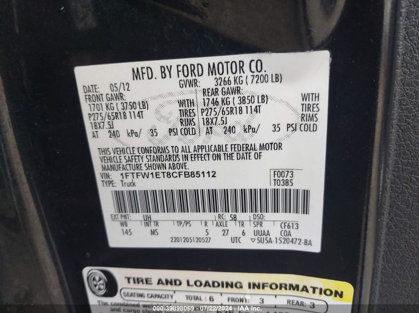 2012 Ford F-150 Xlt VIN: 1FTFW1ET8CFB85112 Lot: 39898069