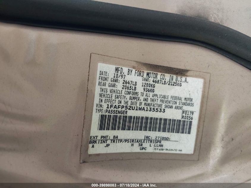 1998 Ford Taurus Lx/Se VIN: 1FAFP52U1WA135533 Lot: 39898083