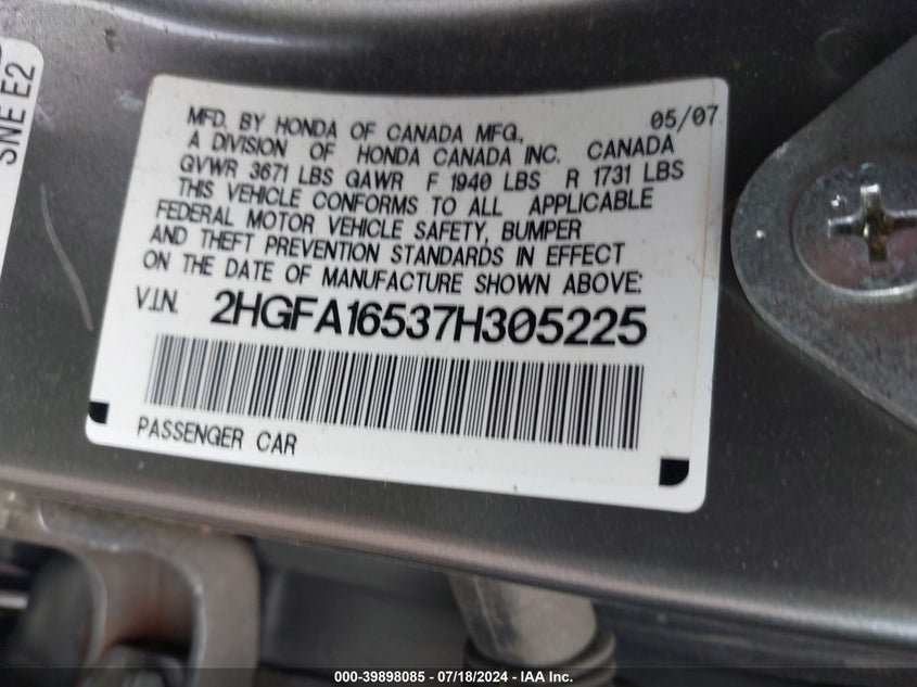 2007 Honda Civic Lx VIN: 2HGFA16537H305225 Lot: 39898085