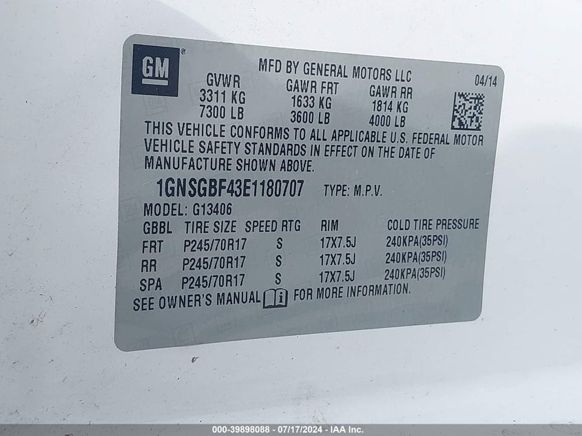 2014 CHEVROLET EXPRESS 1500 LS - 1GNSGBF43E1180707