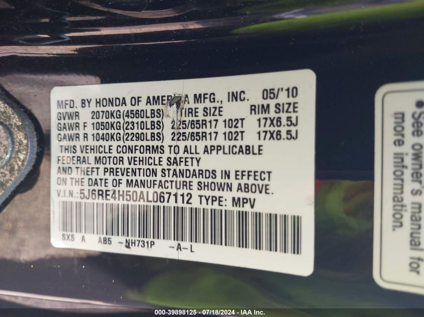 2010 Honda Cr-V Ex VIN: 5J6RE4H50AL067112 Lot: 39898125