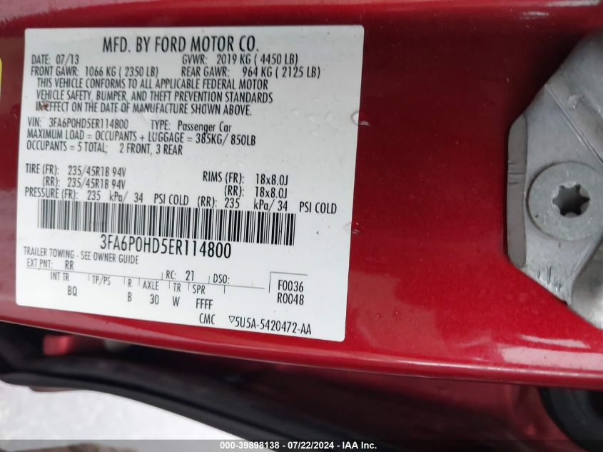 2014 Ford Fusion Se VIN: 3FA6P0HD5ER114800 Lot: 39898138