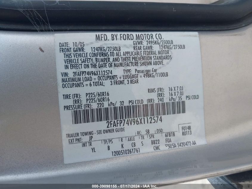2006 Ford Crown Victoria Lx/Lx Sport VIN: 2FAFP74V96X112574 Lot: 39898155