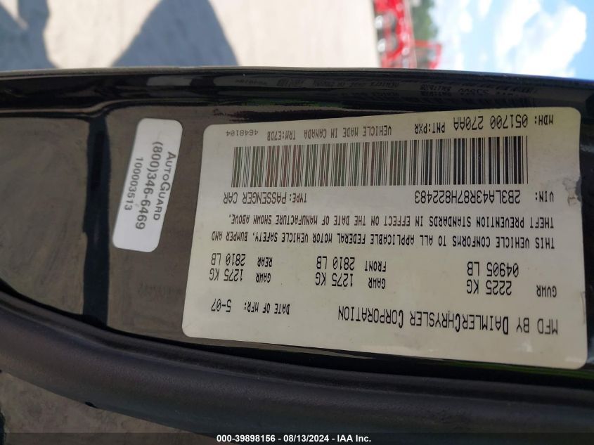 2007 Dodge Charger Se/Sxt VIN: 2B3LA43R87H822483 Lot: 39898156