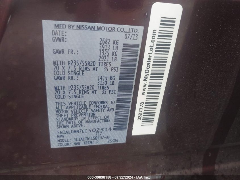 2014 Infiniti Qx60 VIN: 5N1AL0MN7EC502314 Lot: 39898158