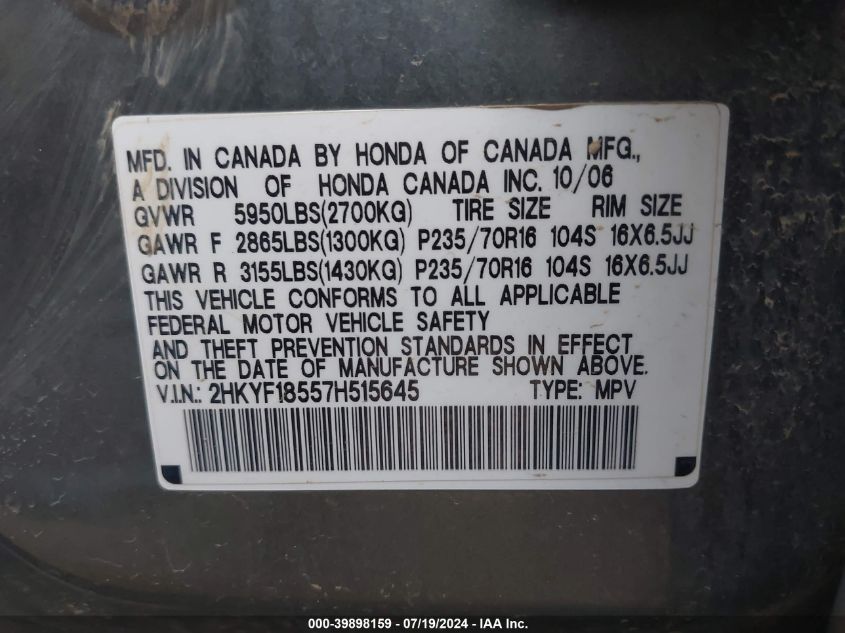 2007 Honda Pilot Ex-L VIN: 2HKYF18557H515645 Lot: 39898159