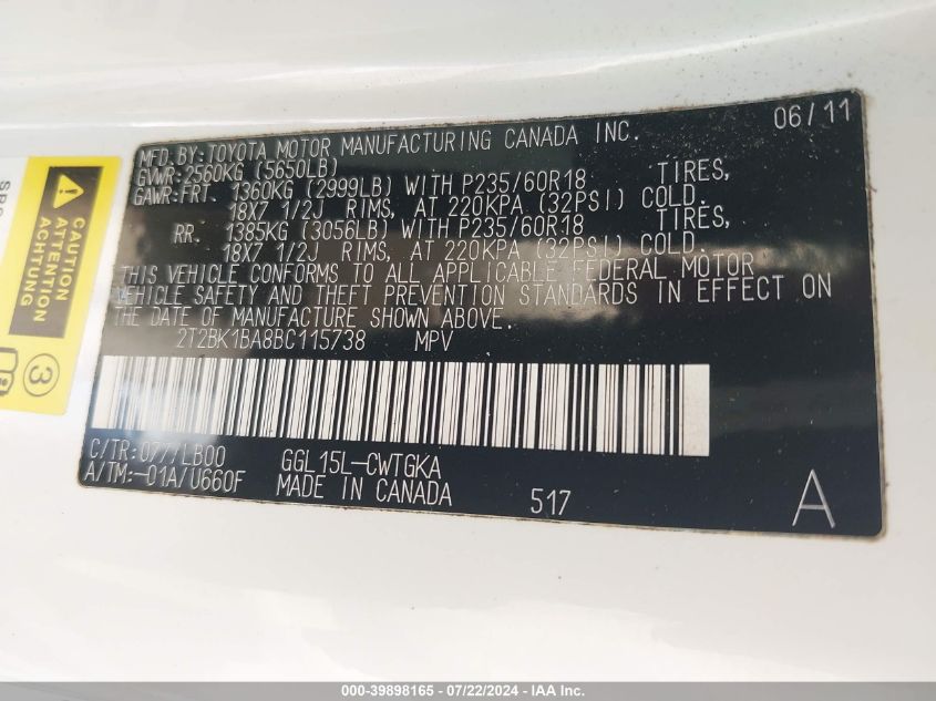 2011 Lexus Rx 350 VIN: 2T2BK1BA8BC115738 Lot: 39898165