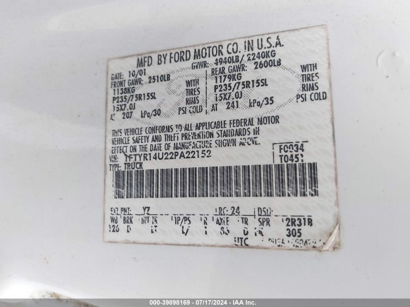 2002 Ford Ranger Edge/Tremor/Xl/Xlt VIN: 1FTYR14U22PA22152 Lot: 39898169