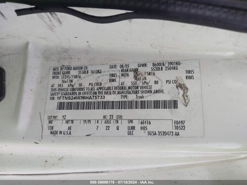 2006 Ford E-250 Commercial/Recreational VIN: 1FTNS24W36HA75733 Lot: 39898178