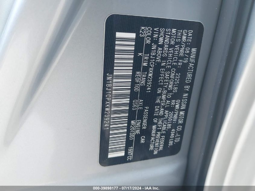 2019 Nissan Rogue Sport Sl VIN: JN1BJ1CPXKW239241 Lot: 39898177