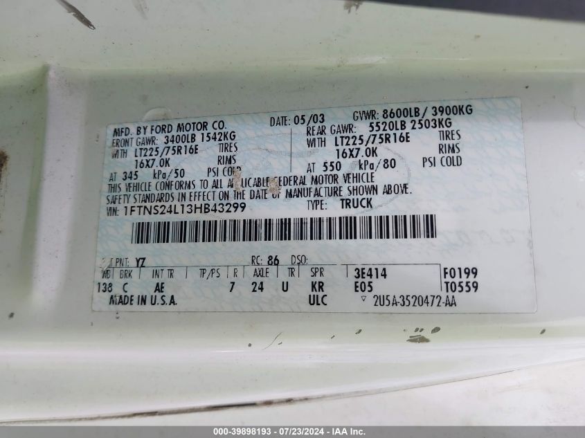 2003 Ford E-250 Commercial/Recreational VIN: 1FTNS24L13HB43299 Lot: 39898193