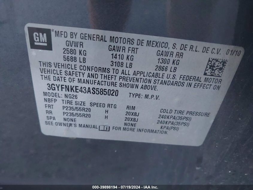 2010 Cadillac Srx Turbo Premium VIN: 3GYFNKE43AS585020 Lot: 39898194