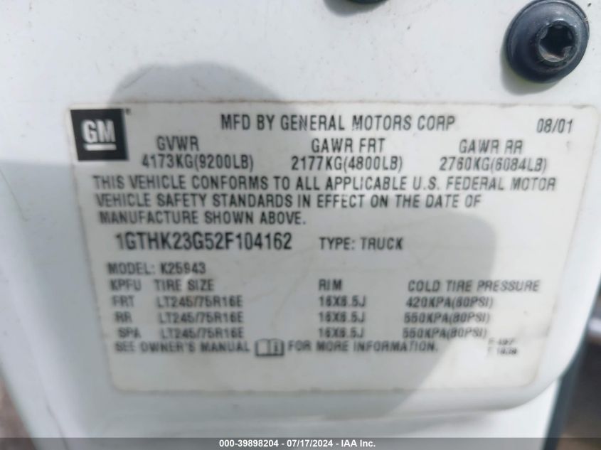 2002 GMC Sierra 2500Hd Sle VIN: 1GTHK23G52F104162 Lot: 39898204