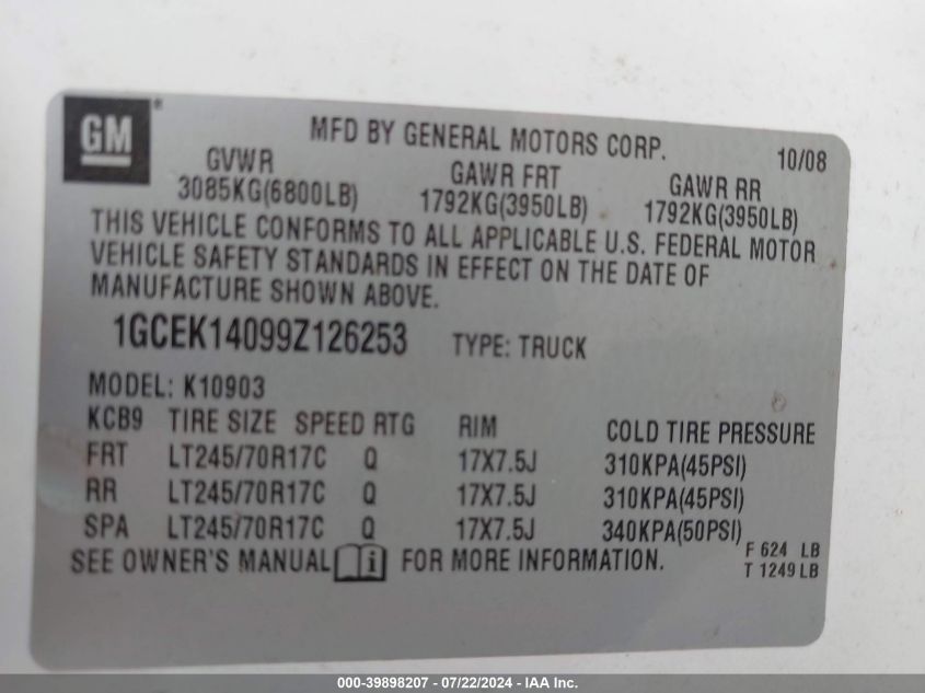 2009 Chevrolet Silverado 1500 Work Truck VIN: 1GCEK14099Z126253 Lot: 39898207