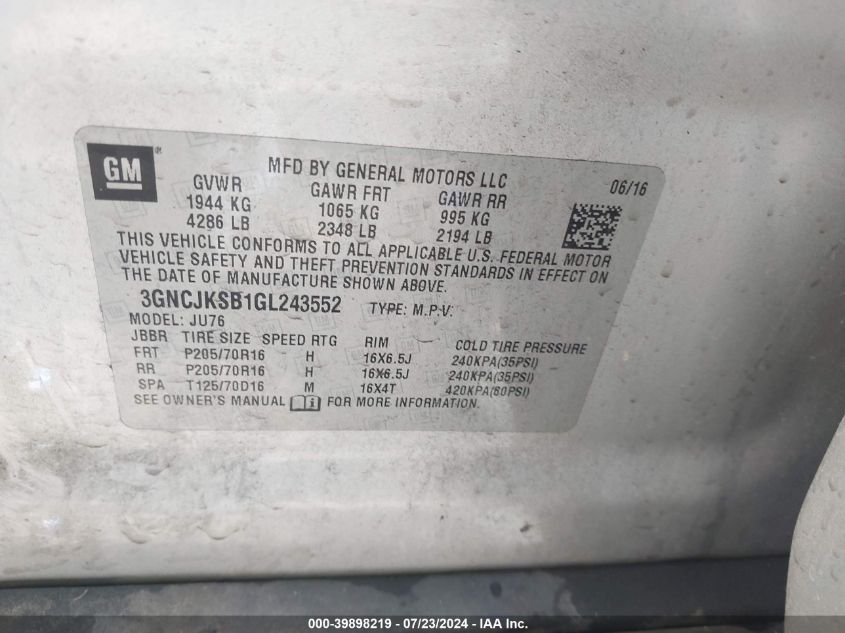 2016 Chevrolet Trax 1Ls VIN: 3GNCJKSB1GL243552 Lot: 39898219