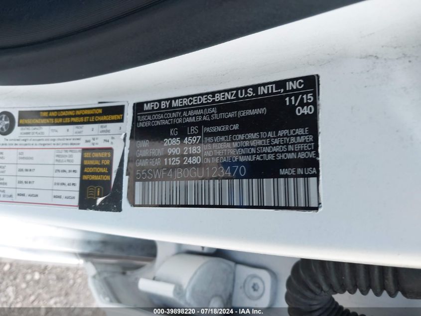 2016 Mercedes-Benz C 300 Luxury/Sport VIN: 55SWF4JB0GU123470 Lot: 39898220